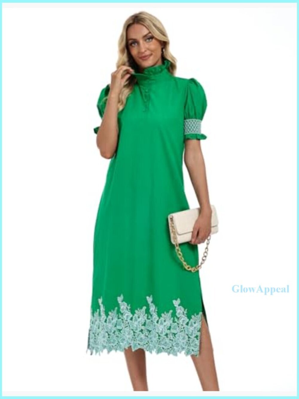 Summer Maxi Dress with Floral Embroidery, Puff Sleeves, Button Front - Picture 6 of 7
